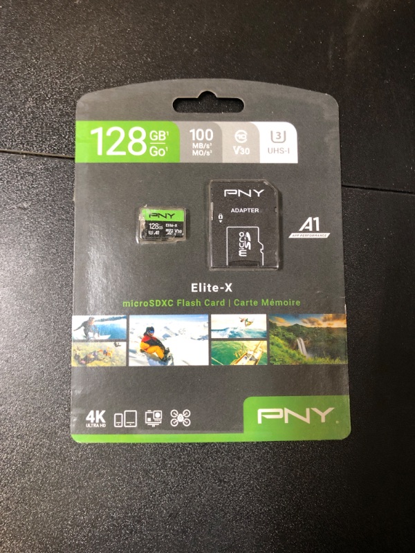 Photo 2 of PNY 128GB Elite-X Class 10 U3 V30 microSDXC Flash Memory Card - 100MB/s, Class 10, U3, V30, A1, 4K UHD, Full HD, UHS-I, microSD
