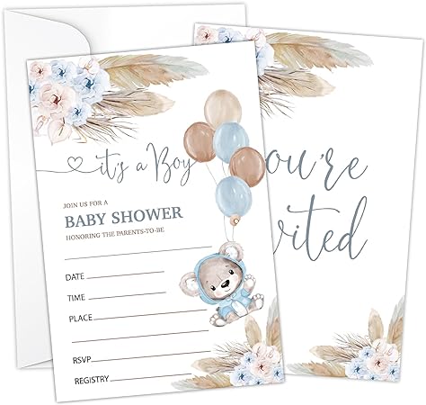 Photo 1 of Balloon Bear Baby Shower Party Invitations for Boys And Girls, Boho Floral Gender Neutral Party Decorations Supplies, Invites for Baby Showers and Parties - Set of 25 Cards with 25 Envelopes - 017
