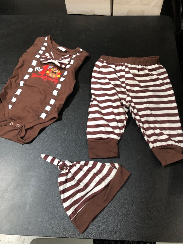 Photo 1 of Infant Boys Girls Thanksgiving Day Long Sleeve Cartoon Prints Romper Bodysuits Pants Hat Set for (Brown, 3-6 Months)

