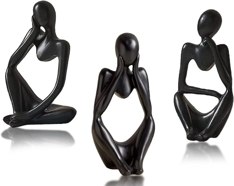 Photo 1 of GWSNIO Statue Home Decor, 3Pcs Sitting Thinker Statue Resin Abstract Sculpture, Bookshelf Modern Decor for Home Office Desk Desktop Living Room Decor Collectible Figurines Accent (Black)
