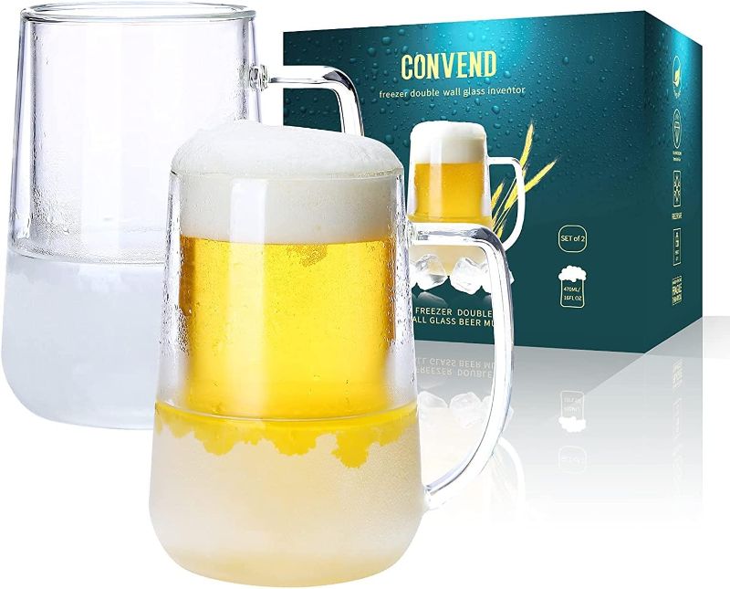 Photo 1 of Convend Beer Mugs For Freezer,Double Wall Clear Borosilicate Glass Mugs With Handle, Beer Glasses For Freezer,Frosty Mug for beer,milk,juice and any beverages,16 oz,Set of 2,Gift Package
