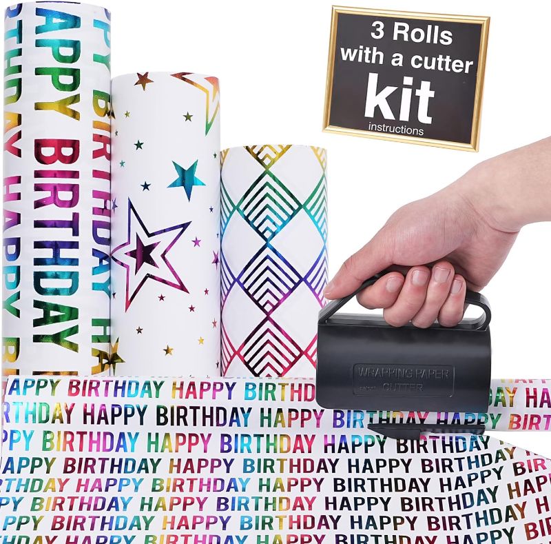 Photo 1 of HappyVE Wrapping Paper Roll for Birthday Mini Roll with a Cutter Kit for 17 inch X 120 inch Birthday for Kids Boys and Girls colored & Gold Foil Design. Suitable for all kinds of Holiday
