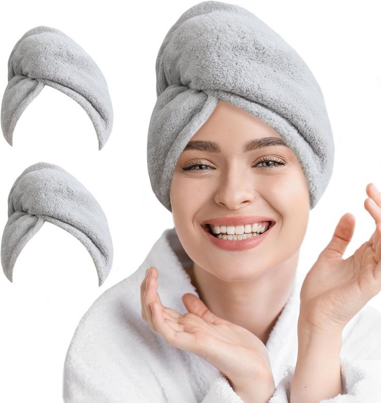 Photo 1 of 2 Packs Microfiber Hair Towel Wrap for Women Super Absorbent Quick Dry Hair Turban for Drying Curly, Long & Thick Hair 10 inch X 26 inch Grey
