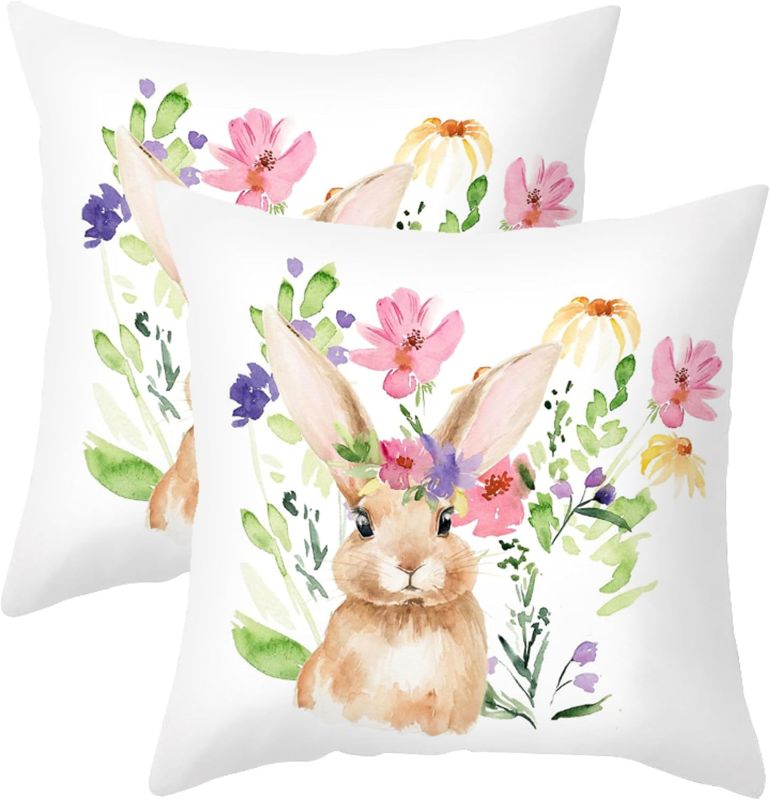 Photo 1 of Easter Pillow Covers 18x18 Set of 2 Spring Easter Bunny Floral Decorative Throw Pillow Cover Watercolor Rabbit Cushion Case for Sofa Couch Farmhouse Indoor Outdoor Decoration
