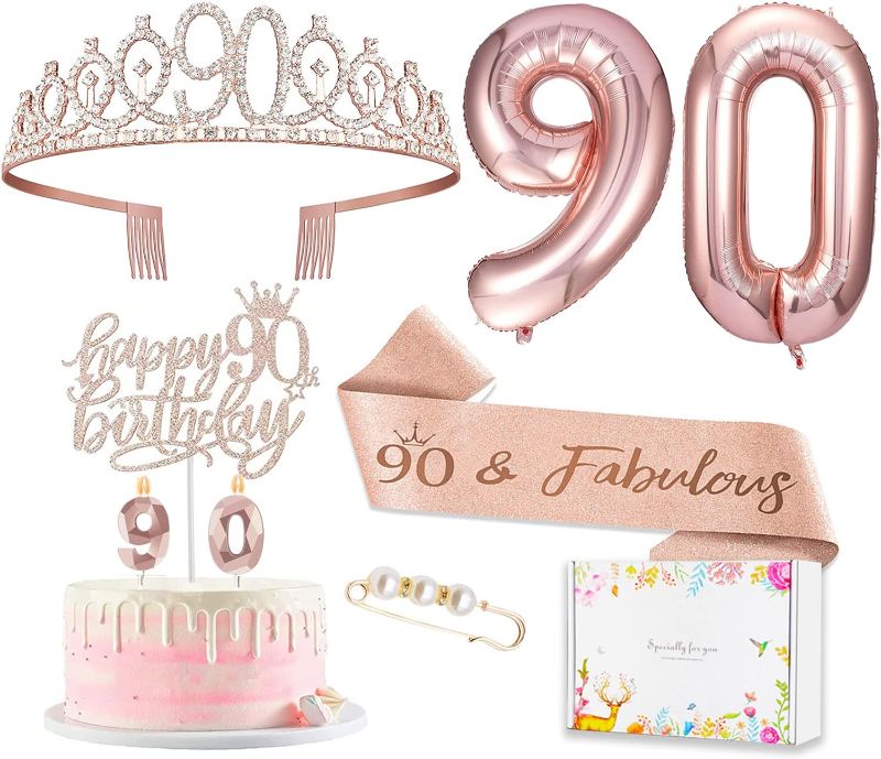 Photo 1 of 8pcs 90th Birthday Decorations for Women, Including 90 year old Birthday Cake Topper, Birthday Queen Sash with Pearl Pin, Sweet Rhinestone Tiara Crown, Number Candles and Balloons Set, Rose Gold
