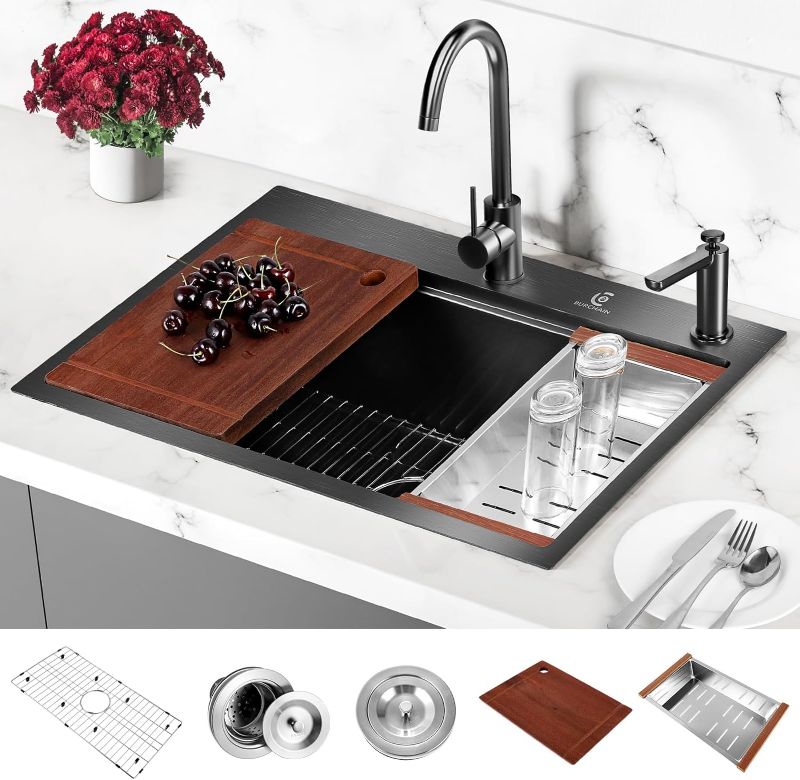 Photo 1 of 30 Inch Stainless Steel Kitchen Sink 16 Gauge Drop In Single Bowl Workstation Sink 2-Hole Top Mount Kitchen Basin with 5 Accessories (Black)

