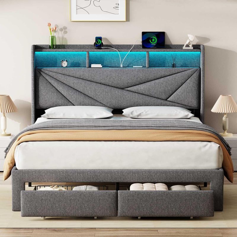 Photo 1 of LED Queen Bed Frame with 2 Storage Drawers, Upholstered Bed Frame Queen Size with Headboard and Charging Station, No Box Spring Needed, Easy to Assembly-Light Grey
