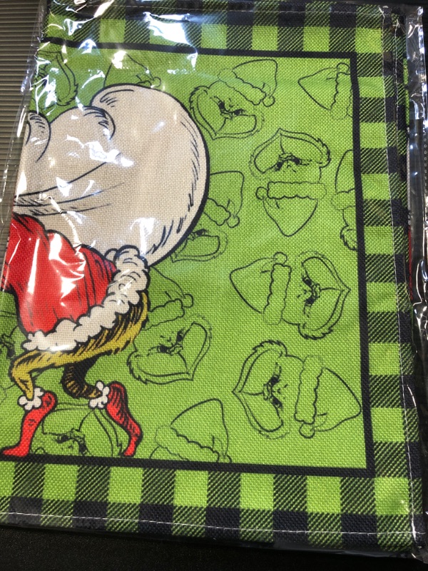 Photo 2 of Linen Grinch Placemats Set of 4 Merry Grinchmas Table Mats Winter New Year Xmas Christmas Decorations and Supplies for Home Kitchen Table-12×18''