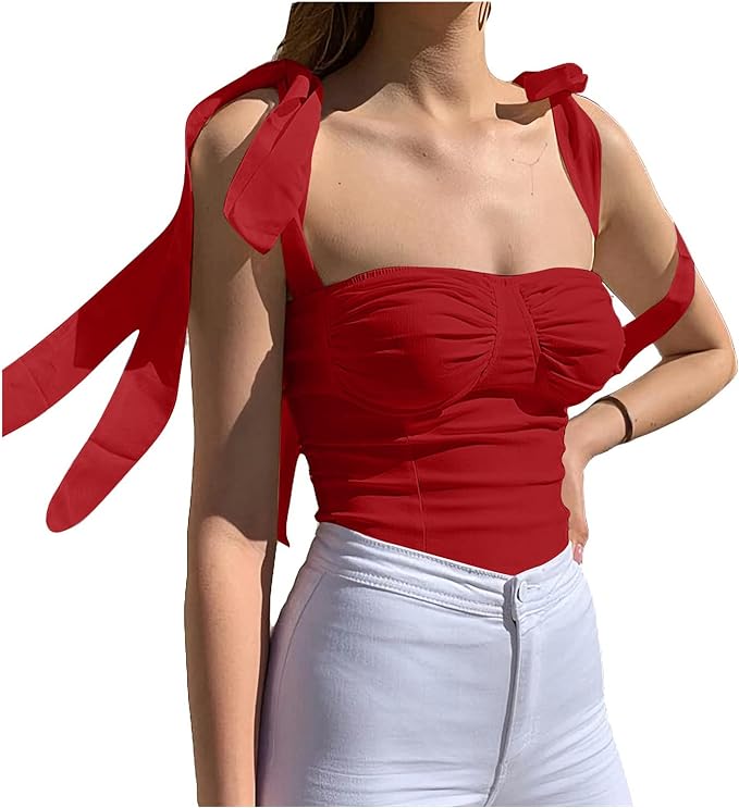 Photo 1 of Large Velius Women's Sleeveless Camisole Tie Shoulder Mesh Strap Tank Crop Tops
