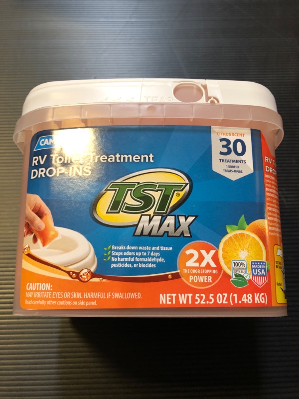 Photo 2 of Camco TST MAX Camper/RV Toilet Treatment Drop-INs | Control Unwanted Odors & Break Down Waste and Tissue | Safe Septic Tank Treatment | Orange Scent, 30-Pack (41183) Orange 30 Count (Pack of 1)