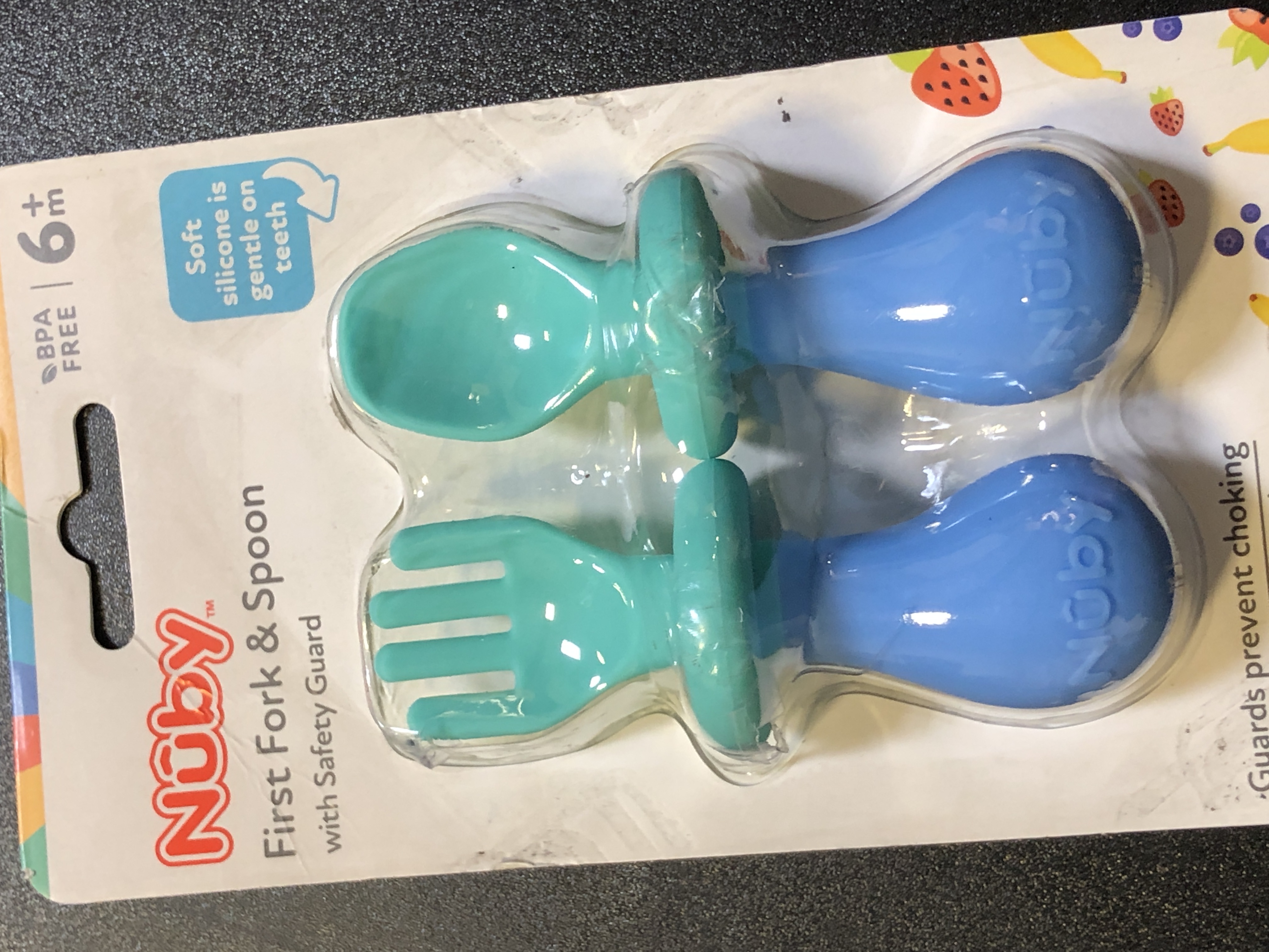 Photo 2 of Nuby First Fork and Spoon Set - Utensils with Safety Guards for Babies 6+ Months - Green and Blue Green & Blue