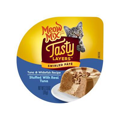 Photo 1 of Meow Mix Tasty Layers Tuna & Whitefish Recipe Stuffed with Real Tuna Swirled Pat © Cat Food, 2.75-oz Can, Case of 12 o6 24 
 
