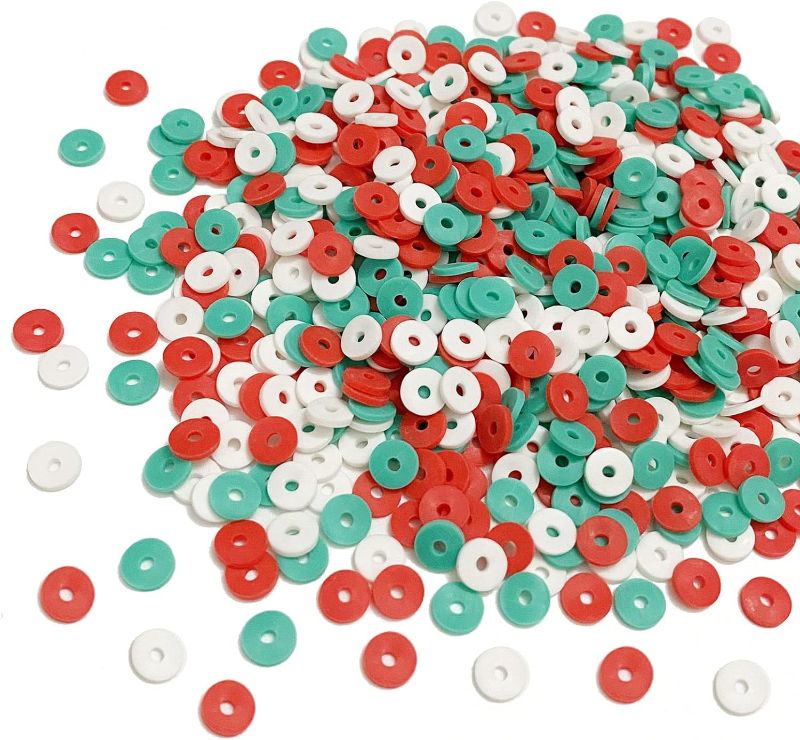 Photo 1 of Christmas Polymer Clay Beads Flat Round Spacer Beads Heishi Vinyl Beads for Making Bracelet Necklace Earring Accessories DIY Handmade Craft (Mix Red,Green,White,