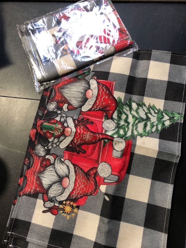 Photo 2 of Christmas Gnomes Placemats Set of 4,Winter Buffalo Plaid Gnomes Red Truck with Tree Heat-Resistant Place Mats,Seasonal Merry Xmas Holiday Table Decors for Farmhouse Kitchen Dining Party 12x18 Inch
