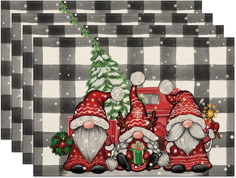 Photo 1 of Christmas Gnomes Placemats Set of 4,Winter Buffalo Plaid Gnomes Red Truck with Tree Heat-Resistant Place Mats,Seasonal Merry Xmas Holiday Table Decors for Farmhouse Kitchen Dining Party 12x18 Inch
