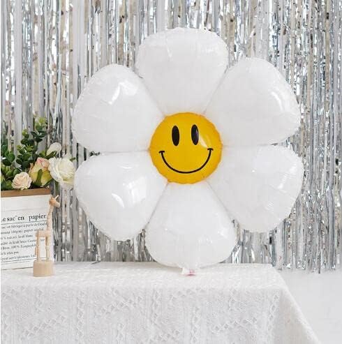 Photo 1 of 10pcs Daisy Sunflower Balloons with 28X28inch, Groovy Boho Hippie Retro Balloons with Smile Face, Groovy Party Decorations Boho White Flower Balloons Garland for Birthday Wedding Party

