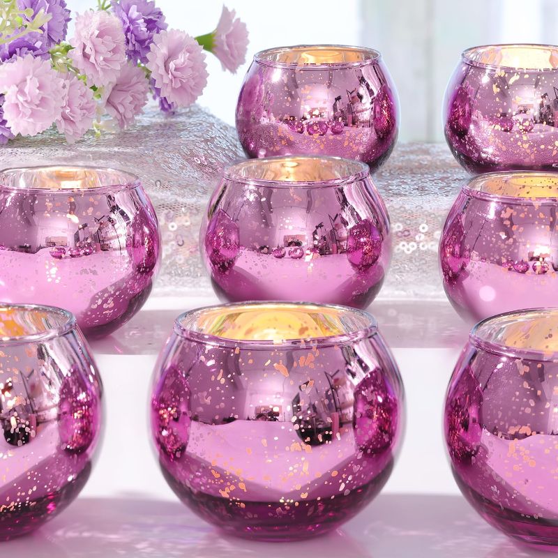 Photo 1 of Purple Mercury Glass Candle Holders for Purple Wedding Decorations- Mercury Glass Votives Candle Holders Bulk, Purple Tealight Votive Holders for Party Table Centerpieces Decor 
