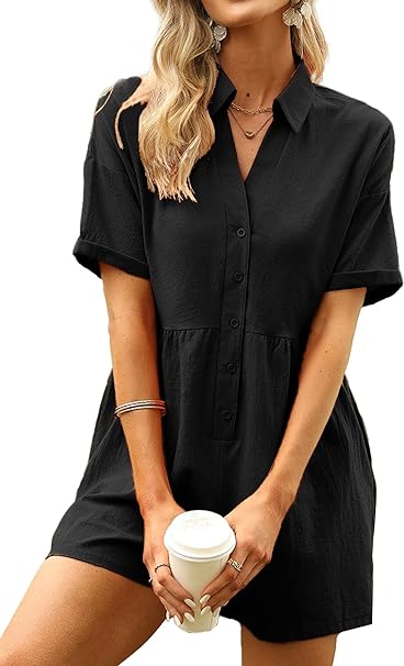 Photo 1 of DEEP SELF Women's Summer Casual Short Sleeve Button Down Shorts Rompers V Neck Collared Jumpsuit for Women with Pockets
 