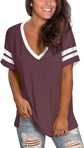 Photo 1 of TODOLOR Womens T Shirts Short Sleeve V Neck Loose Casual Summer Tees Basic Tunic Tops with Pocket plus size 
 
