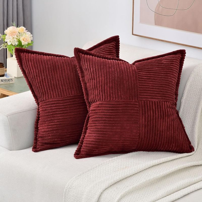 Photo 1 of Burgundy Throw Pillow Covers 18x18 Inch Set of 2,Soft Solid Corduroy Striped/Wide Bordered,Square Decorative Cushion Case,Winter Home Decorations for Couch,Bed
