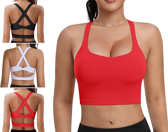 Photo 1 of Padded Sports Bras for Women - Strappy Square Neckline Athletic Yoga Workout Top Sets (3 Pack)
 3xl 