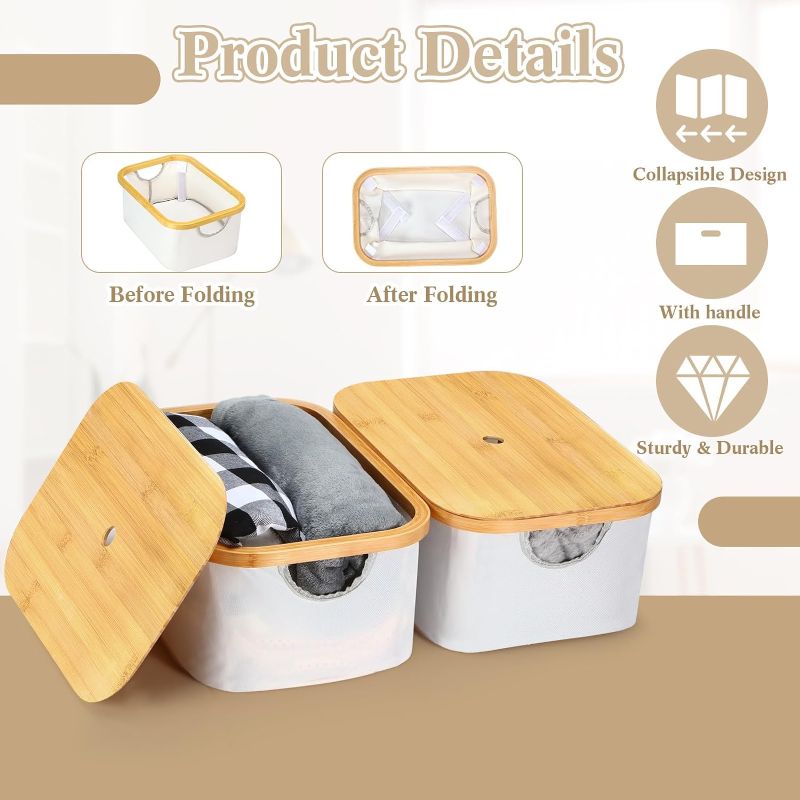 Photo 1 of 2 Pcs Storage Bin with Removable Bamboo Lid Handles Foldable Canvas Lidded Basket Box Decorative Stackable Laundry Container Closet Cube Organizer for Clothes Toys Shelf Cabinet (Beige,Small)
 