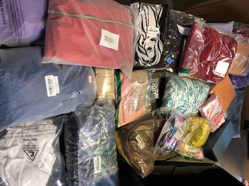 Photo 1 of mystery box lot filled w random mixed items includes clothing that vary in size color and shape comes with throw pillow covers pink red blue purple etc " no returns or exchanges sold as is wig plaid 