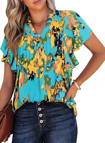 Photo 1 of   SIZE3 SMALL     SHEWIN Womens Casual V Neck Boho Floral Blouses Ruffle Short Sleeve Shirts Pleated Flowy Tunic Tops
