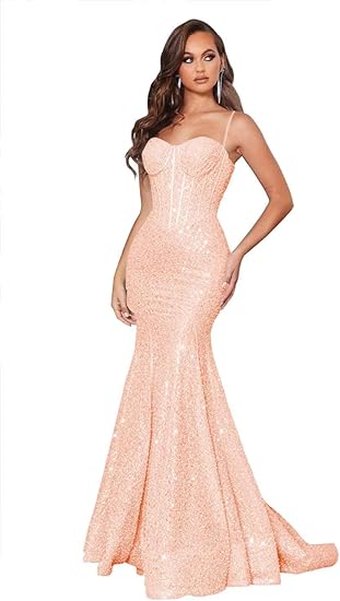 Photo 1 of  Sequin Mermaid Corset Prom Dresses for Women 2024 Spaghetti Straps Sparkly Evening Formal Gown  SIZZE 12 