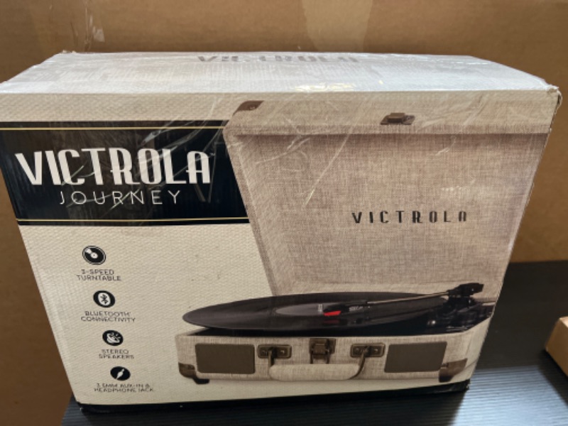 Photo 3 of Victrola Vintage 3-Speed Bluetooth Portable Suitcase Record Player with Built-in Speakers | Upgraded Turntable Audio Sound| Includes Extra Stylus | Light Beige Linen