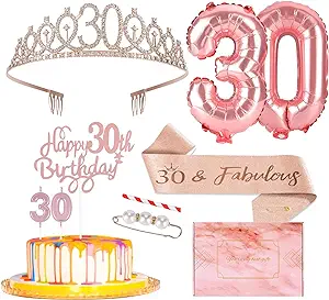 Photo 1 of Nelton 30TH Rose Gold Birthday Decorations for Women Includes Queen Sash, Tiara Crown, Cake Topper, 15 Balloons, 2 Number Balloons, 2 Foil Balloons, 2 Glitter Banner, 2 Candle, Gift Box