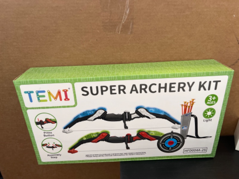 Photo 2 of TEMI 2 Pack Set Kids Archery Bow Arrow Toy Set Outdoor Hunting Play with 2 Bow 20 Suction Cup Arrows 2 Target & 2 Quiver, LED Light Up Function Toy, Outdoor Toys for Kids, Boys & Girls Ages 3 -12 Green With Blue