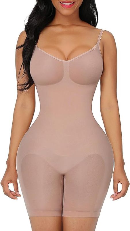 Photo 1 of 2 Piece Bodysuit for Women Tummy Control Shapewear Mid-Thigh Seamless Full Body Shaper Briefs/Shorts Beige M