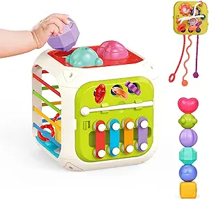 Photo 1 of 7-in-1 Baby Toys Montessori Activity Cube Toddler Learning Toy Sensory Shape Sorter Pull String Early Educational Birthday Gift Boys Girls 18M+