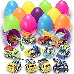 Photo 1 of PREXTEX Toy Filled Easter Eggs with Pull-Back Construction & Engineering Vehicles (12 Pack) – Plastic Easter Eggs with Toys Inside, Large Easter Eggs Birthday Party Favors - Easter Toys