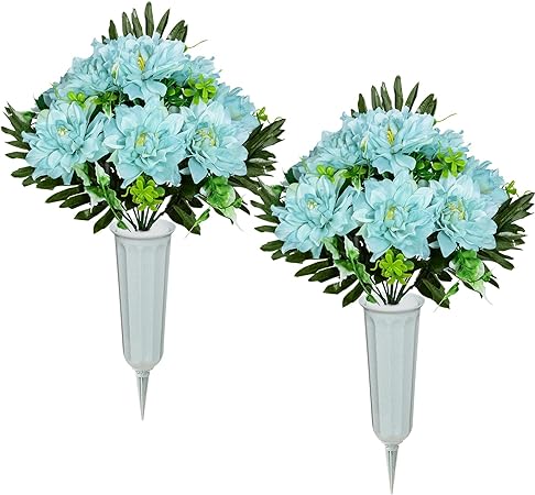 Photo 1 of XONOR Artificial Cemetery Flowers for Grave, Set of 2 Artificial Dahlia Bouquet Memorial Flowers with Vase for Outdoor Cemetery Graveyard Decoration (Blue)