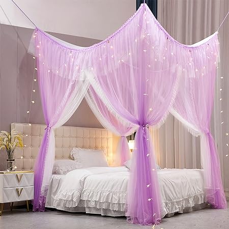 Photo 1 of VETHIN 4 Corners Post Ruffle Princess Bed Canopy Curtain-Double Layer Cozy Drape Netting 4 Opening Mosquito Net for Girls Adults Bedroom Decoration (Double-Purple, 64" W*82" L*82"*H/(Queen))