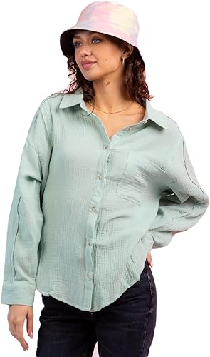 Photo 1 of   SMALL  Women's Button Down Shirts - Long Sleeve Loose Fit Raw Edge High Low Hem Loose Fit Casual Top with Chest Pocket