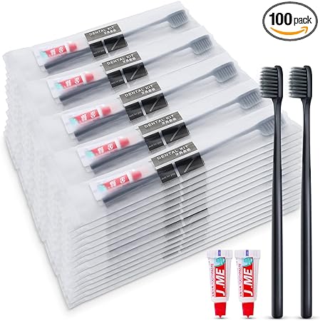 Photo 1 of 100 Count Disposable Toothbrushes with Mini Toothpaste Individually Wrapped,Travel Size Toothbrush Set Kit,On The Go Disposable Toothbrush for Travel,Hotel,Guest Bathroom Essentials(Black)