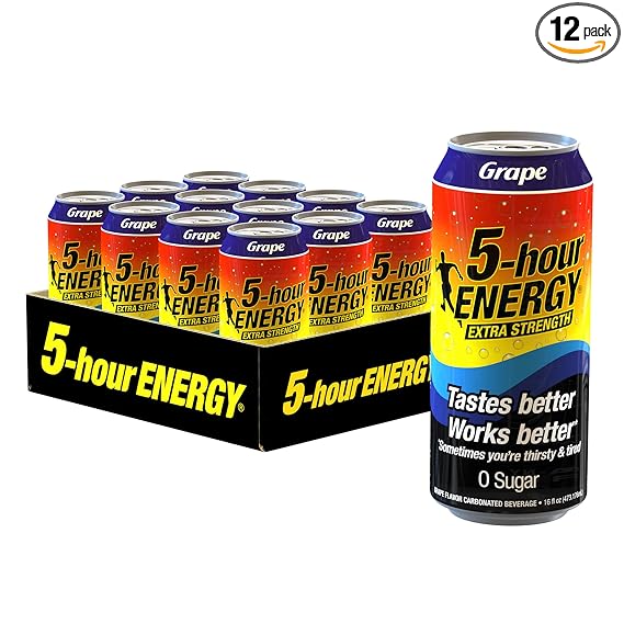 Photo 1 of 5-hour ENERGY Extra Strength Grape Energy Drink | Grape Flavor | 16oz Cans | Pack of 12 | Sugar-Free & Zero Calories | Vitamins & Amino Acids | Contains Carbonation & 230mg of Caffeine  BB 04-30-2025