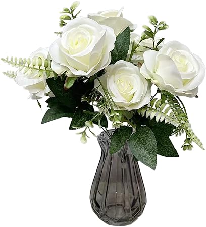 Photo 1 of UKELER 2 Bunches White Rose Flowers Ivory Artificial Silk Rose Flowers Bouquet for Home Decoration Party Festival Wedding Decor