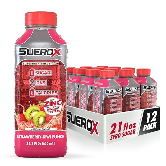 Photo 1 of BB 11-04-2025           SueroX Zero Sugar Electrolyte Drink for Hydration and Recovery, Unique Blend of Electrolytes & 8 Ions, Zero Calorie Sports Drink, 21.3 Fl Oz, Strawberry-Kiwi Punch, 12 Count
