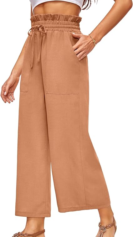Photo 1 of SIZE  MED   Women's Wide Leg Linen Pants Casual Loose High Elastic Waist Adjustable Knot Palazzo Trousers with Pockets  MED   