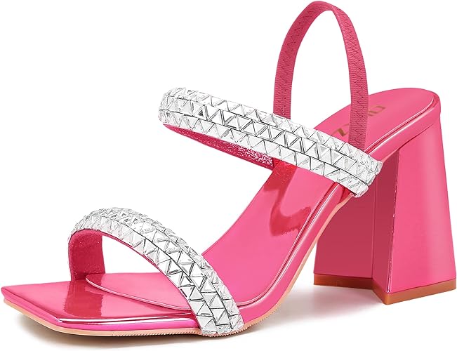 Photo 1 of Sparkly Rhinestone Chunky Heels for Women Square Toe Heeled Sandals Party Dressy Gold Pink Silver Black Slides Mules Shoes  size 41 