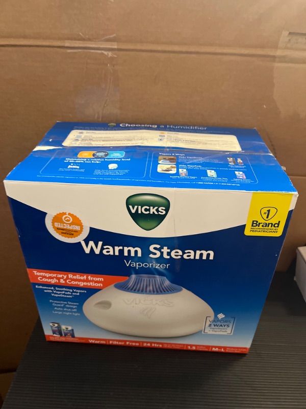 Photo 1 of Vicks Warm Steam Vaporizer, Small to Medium Rooms, 1.5 Gallon Tank – Warm Mist Humidifier for Baby and Kids Rooms with Night Light, Works with Vicks VapoPads and VapoSteam