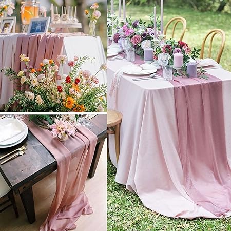 Photo 1 of 6 Packs Dusty Rose 10Ft Chiffon Table Runner 27 x 120 Inches Sheer Chiffon Table Runner Romantic Boho Rustic Wedding Table Runner for Wedding Birthday Party Decor Bridal Baby Shower Table Decoration