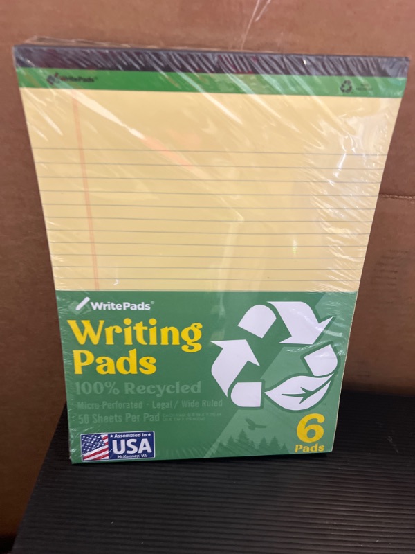 Photo 2 of WritePads Legal Pads 8.5"x11" Note pads,Wide Ruled Writing Pads,100% Recycle Paper Yellow Legal Pads,6 Pack,50 Sheets Per Notepads,Micro perforated Note Pads,Lined Pads,KSU-8461 Made in the USA Recycle-Canary 6 Pack 8.5 x 11