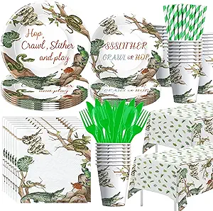 Photo 1 of Reptile Birthday Party Supplies - Reptile Party Decorations, Plate, Cup, Napkin, Tablecloth, Tableware, Jungle Swamp Animal Lizard Snake Turtle Alligator Theme Party Decorations | Serve 24