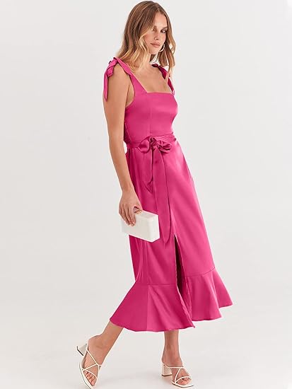 Photo 2 of ANRABESS Women's Satin Formal Dress Square Neck Ruffle Split Midi Bridesmaid Dress for Wedding Guest Cocktail Party  LARGE 