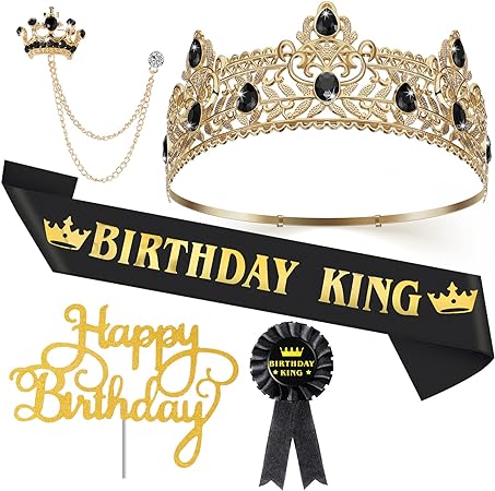 Photo 1 of Junkin 5 Pieces Birthday Accessories Include Man Birthday King Crown Birthday King Sash Tinplate Badge Pin Crown Brooch Hanging Chain Men Birthday Crown for Man Birthday Party (Adjustable Style)